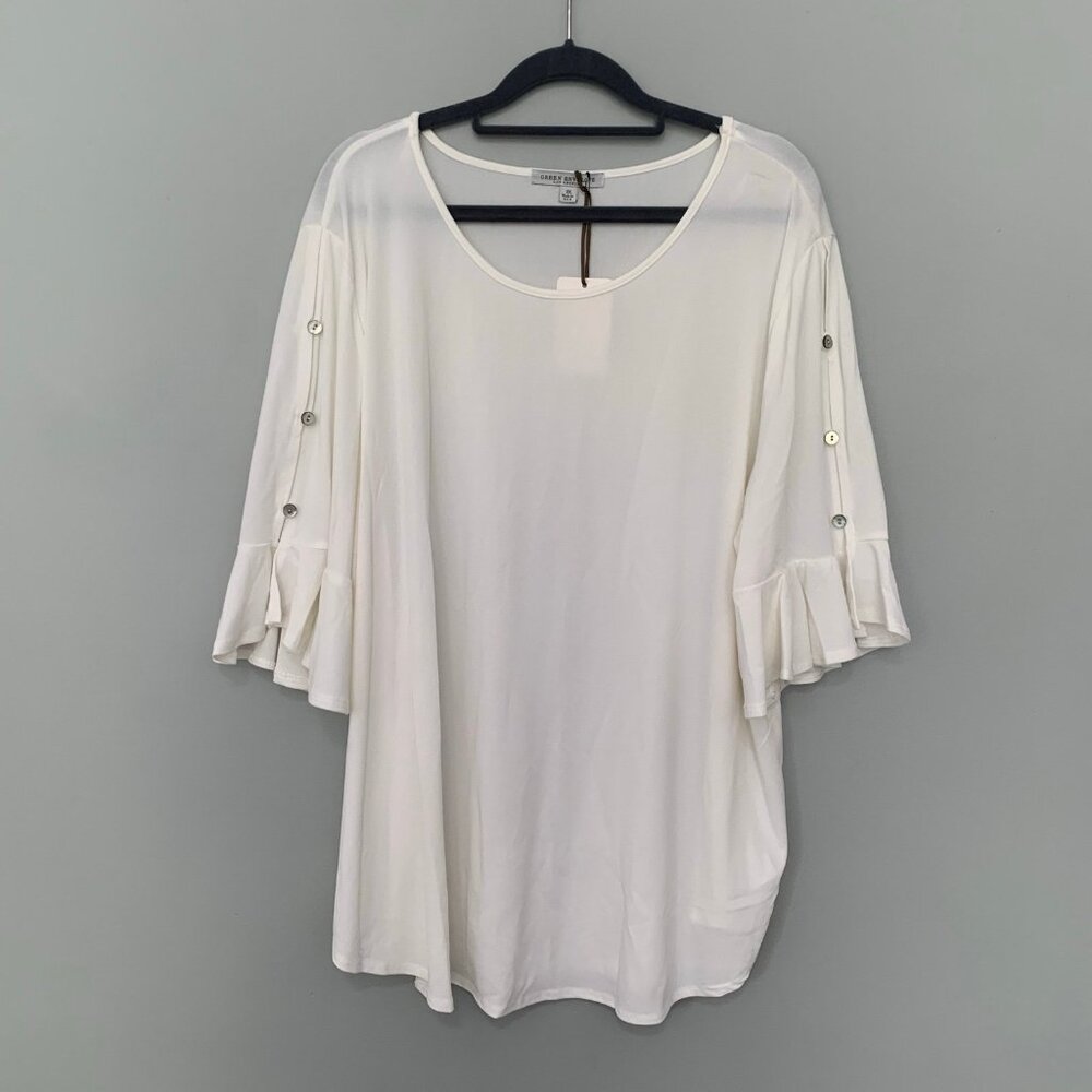 NEW Green Envelope white ruffle button sleeve detail stretchy pullover flowy top